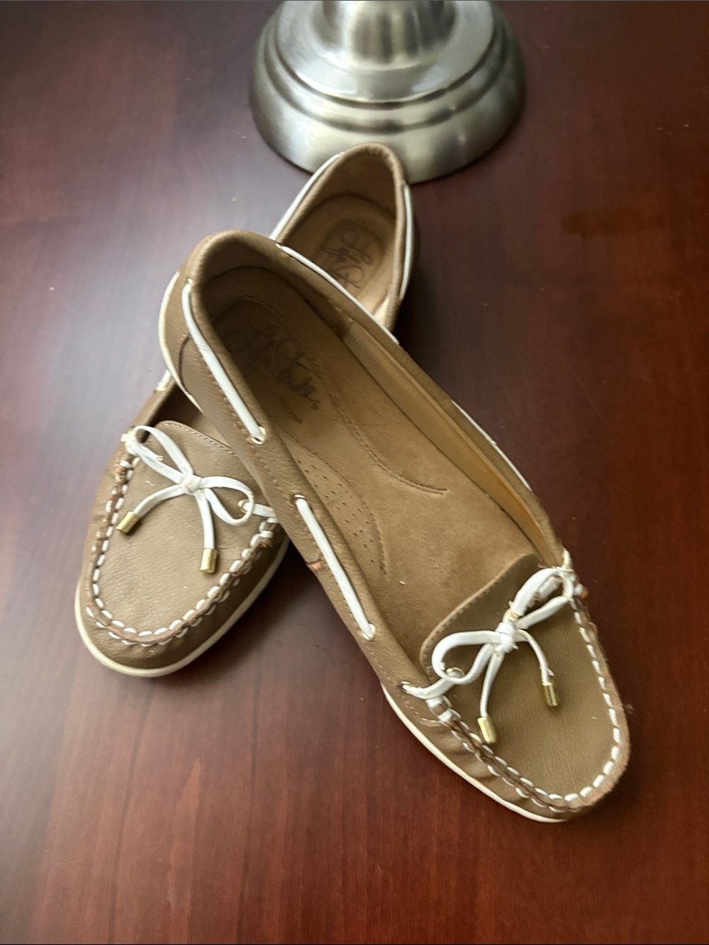 Life Stride Tan Suede Moccasins with White Bow Trim